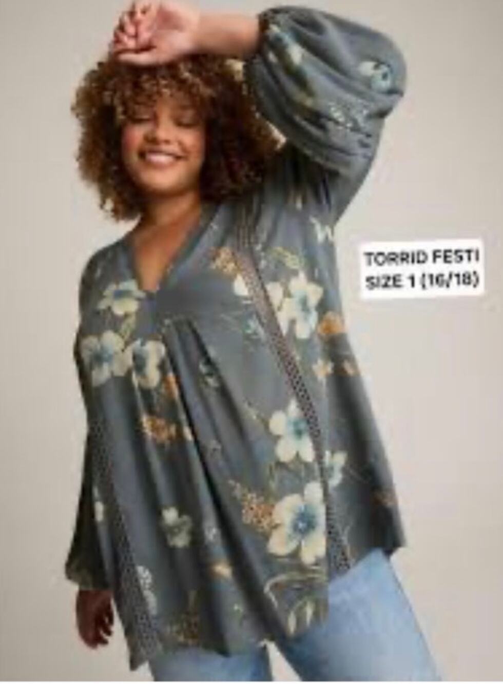 Torrid New Festi Inset Gauze Tunic Cottage Core Floral Denim Green Size 1 14/16